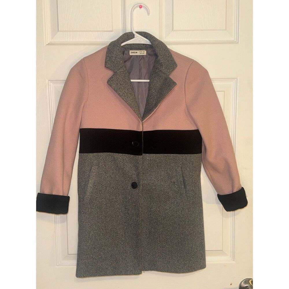 Girls Colorblock Peacoat Trench Coat Pink Grey Black Lapel Jacket Size 8Y